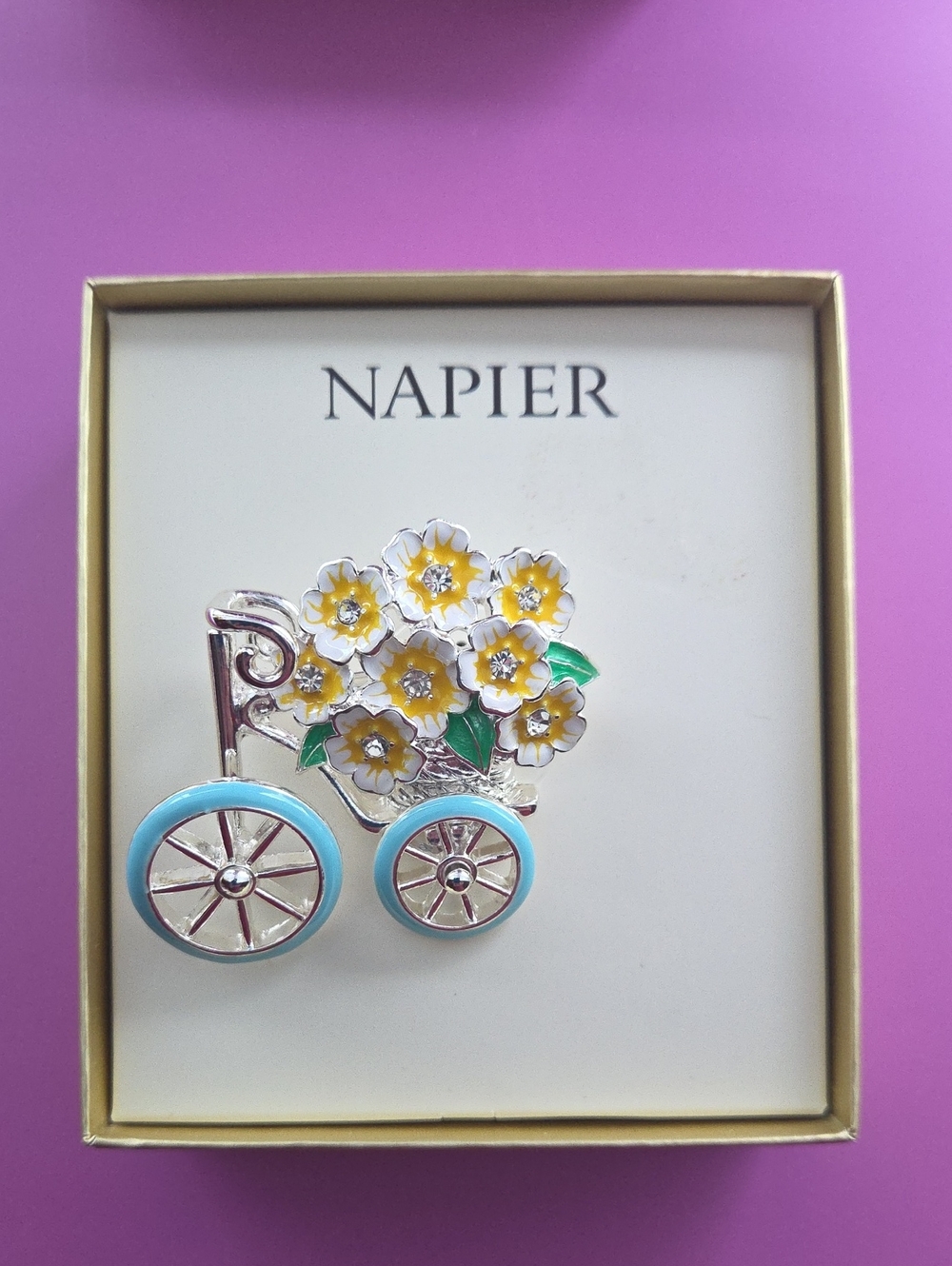 Napier Yellow Flower Cart Brooch with Turquoise Wheels